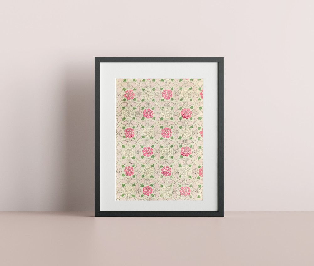 アートポスター：76流れと濃いピンク色のタチアオイ