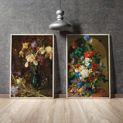 NO.225】花々と葡萄の絵画フラワーアートポスター☆植物ボタニカル