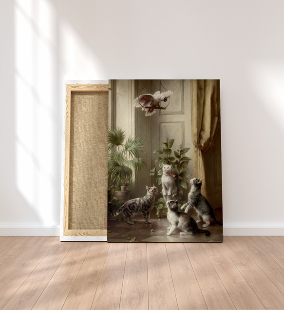 【NO.265】タイハクオウムと見上げる猫たち絵画アートポスター★油絵個性的ヨーロッパアンティークレトロ★A1A3A2L 1枚目の画像