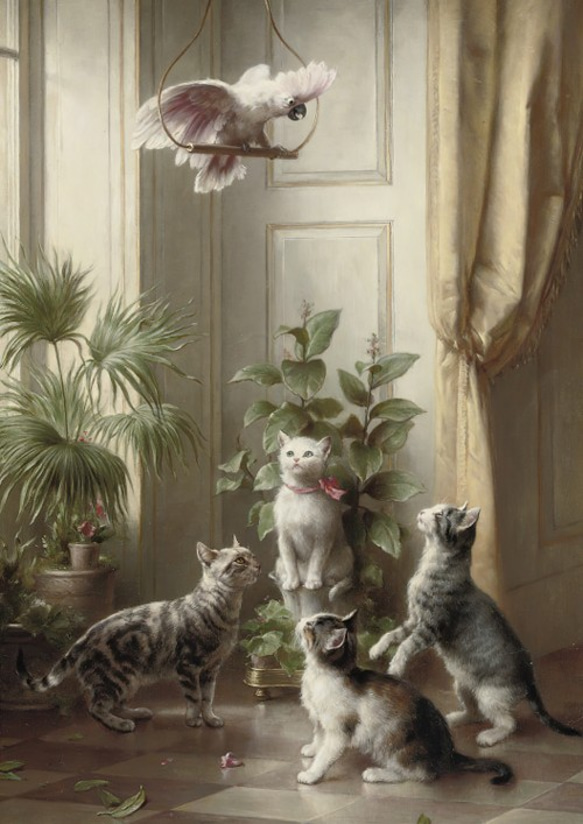 【NO.265】タイハクオウムと見上げる猫たち絵画アートポスター★油絵個性的ヨーロッパアンティークレトロ★A1A3A2L 2枚目の画像