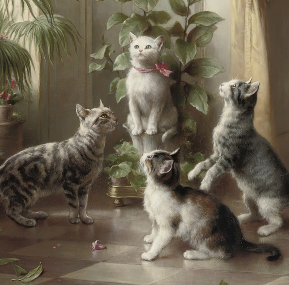 【NO.265】タイハクオウムと見上げる猫たち絵画アートポスター★油絵個性的ヨーロッパアンティークレトロ★A1A3A2L 3枚目の画像