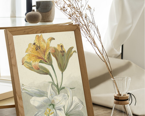 百合と果物 額縁 インテリア 百合の花瓶絵画アートポスター☆青色ボタニカルクラシック