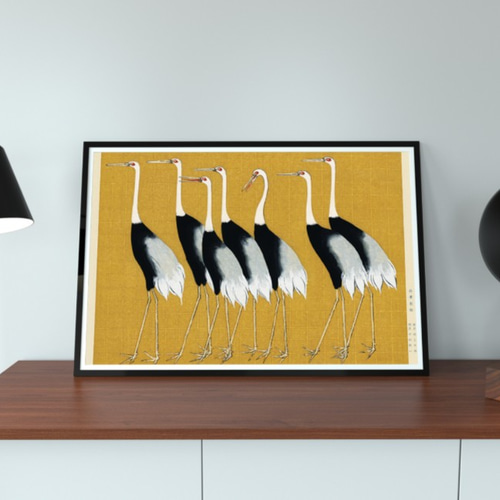 陶板 鶴 鳥 太陽 月 額 壁掛け 絵 和風 工芸品 モダン アート レトロ 丹頂鶴 絵画 太陽 和風 ミクストメディア 如月爽人 「飛翔」 額
