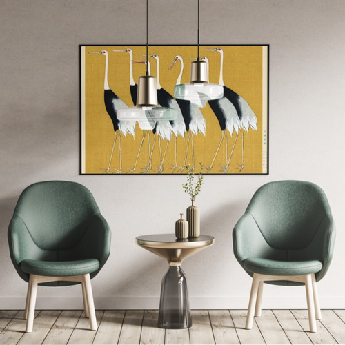 陶板 鶴 鳥 太陽 月 額 壁掛け 絵 和風 工芸品 モダン アート レトロ artjp_gl-590