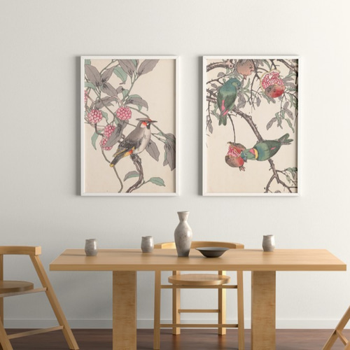 インコ　日本画　絵画 秋に 柘榴とインコ日本画アートポスターお正月浮世絵和室