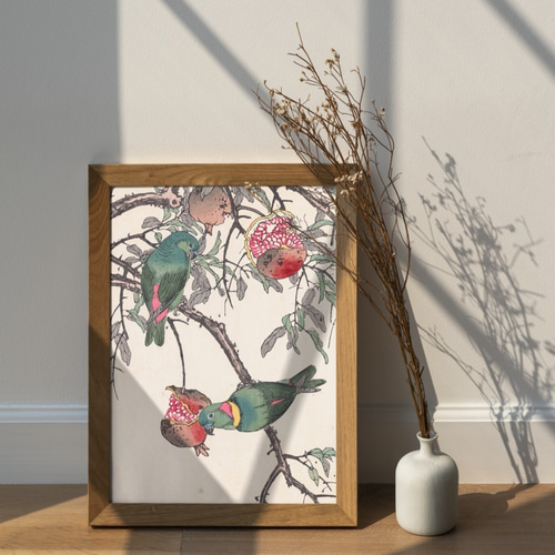 秋に 柘榴とインコ日本画アートポスターお正月浮世絵和室インテリア和