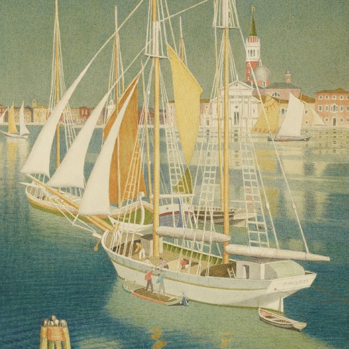 NO.299】ヨット船と港町のインテリアアートポスター☆海辺レトロモダン