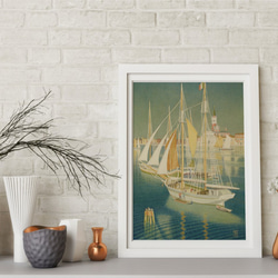 【NO.299】ヨット船と港町のインテリアアートポスター☆海辺レトロモダンノスタルジックイタリアヨーロッパ風景絵画B2L 4枚目の画像