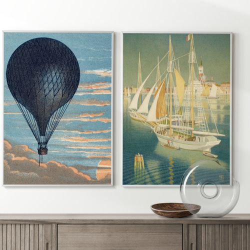 NO.299】ヨット船と港町のインテリアアートポスター☆海辺レトロモダン
