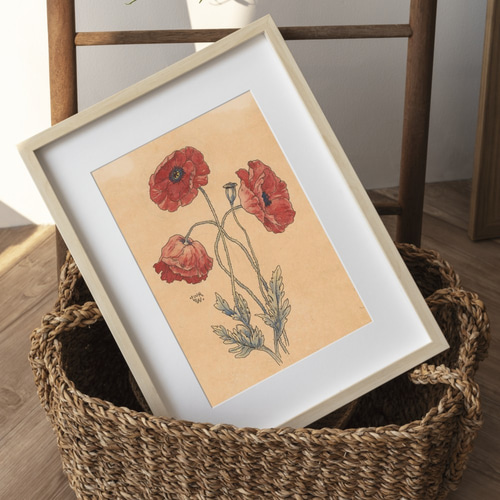 NO.301】赤色のポピーの花フラワーアートポスターノスタルジック