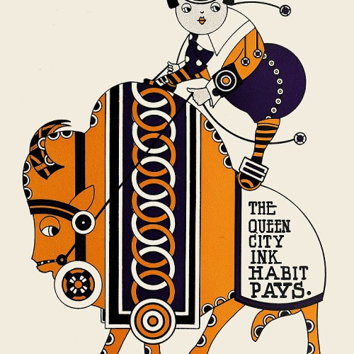 NO.308】少女とバファローのレトロポップなアートポスターオレンジ色牛