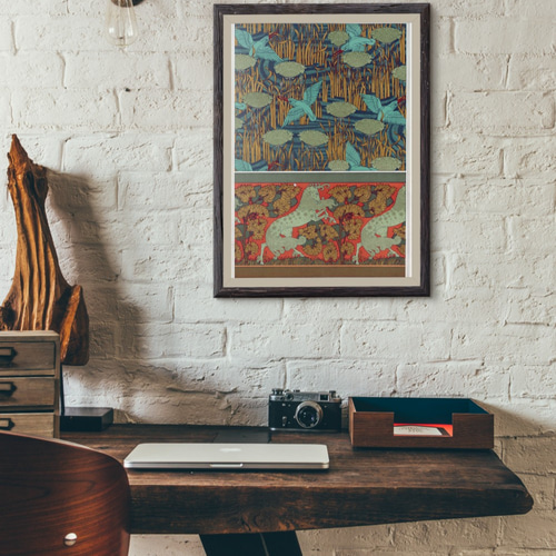 NO.316】カワセミと馬のアールヌーヴォー模様アートポスター