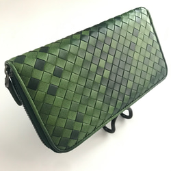 新作品　緑系　グリーン希少ラムスキン　本革&編み込み 長財布//羊革 小銭入あり 限定商品 深い緑色系 ネイビー系 希少ラムスキン本革編み込み 長