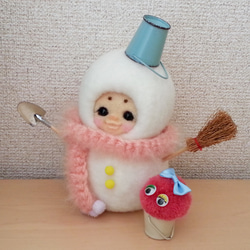 羊毛フェルト ポメラニアンのフラワーバスケット 白ポメ 羊毛フェルト