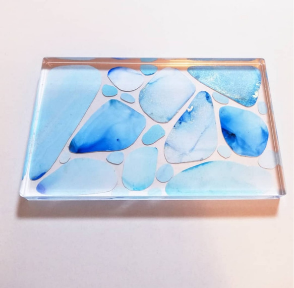 【Sold】 アルコールインクアート インテリア アクセサリートレイ トレイ ブルー ストーン 青 小物置き 2枚目の画像