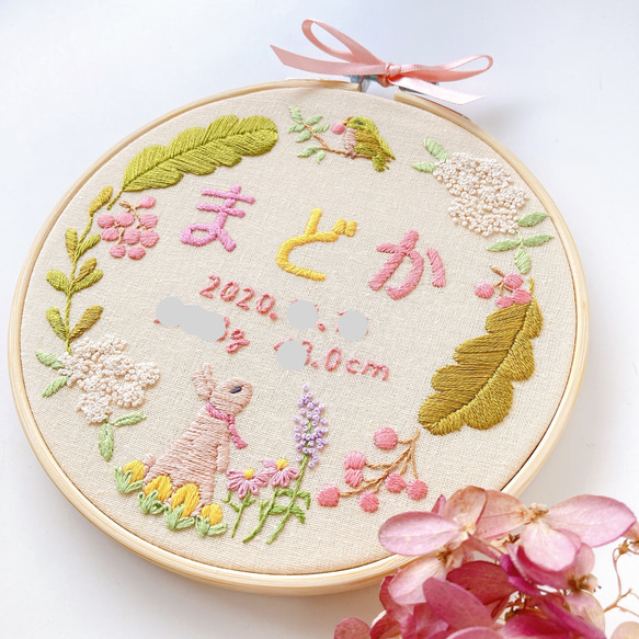 ≪セミオーダーで叶える ちょっぴり贅沢な手刺繍バースボード≫秋の木花とうさぎ,小鳥/ナナカマド,誕生花,秋生まれ 2枚目の画像