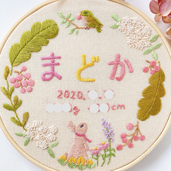 ≪セミオーダーで叶える ちょっぴり贅沢な手刺繍バースボード≫秋の木花とうさぎ,小鳥/ナナカマド,誕生花,秋生まれ 3枚目の画像