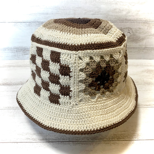 ハンドメイド グラニースクエア ブロックチェック クロシェ ハット