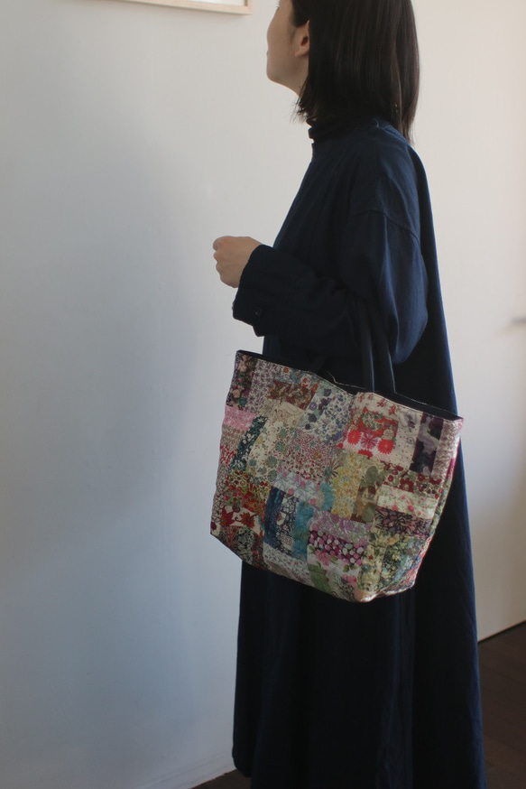 リバティ パッチワークバッグ 寒色系 A4対応 トートバッグ