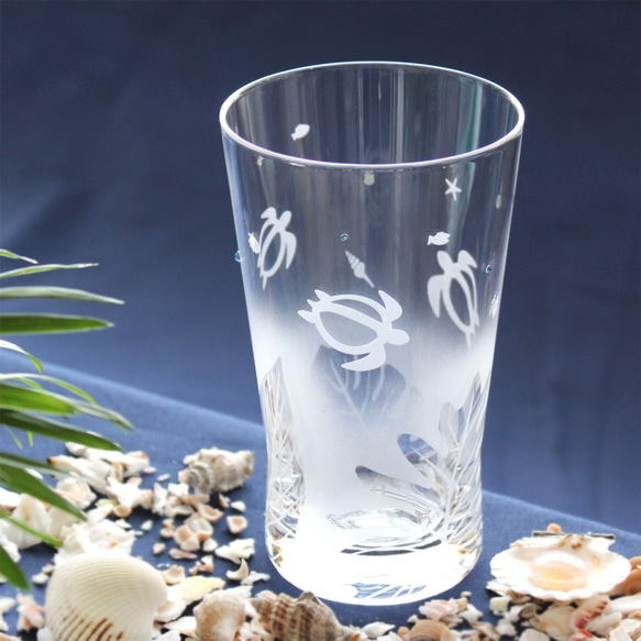 [Honu和熱帶樹葉]玻璃杯 ★可刻名字（收費） 第1張的照片