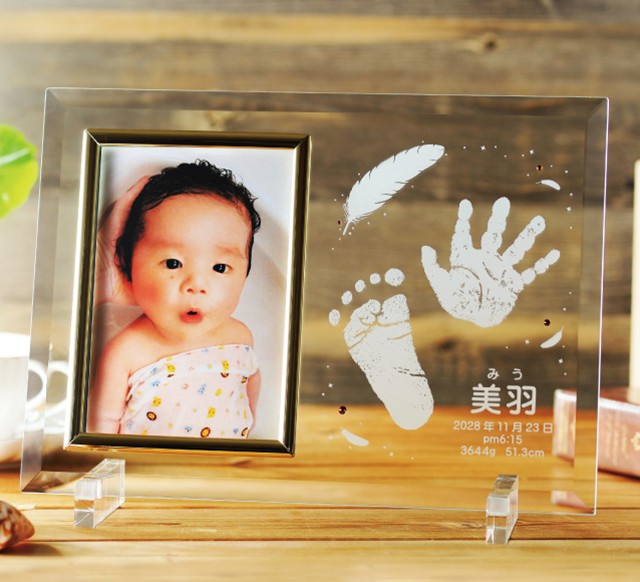 手形足形入り 天使の羽根と誕生石のフォトフレーム 手形足形採取キット付き