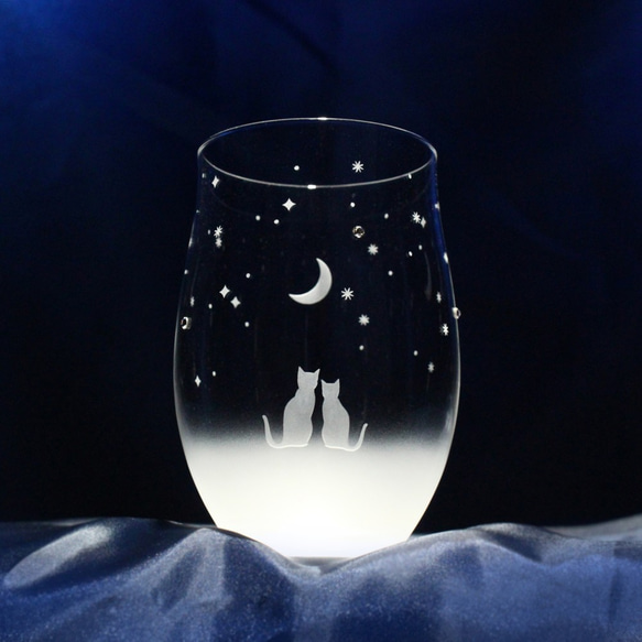 【一起看新月的夜空】 貓咪玻璃杯（vol.1）★客製化刻字加工ＯＫ（需加價） 第1張的照片