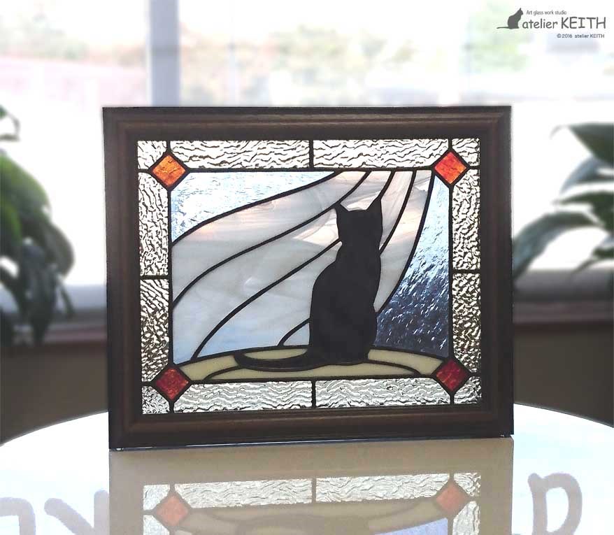 黒猫とカーテン】ステンドグラス・パネル タペストリー・壁掛け