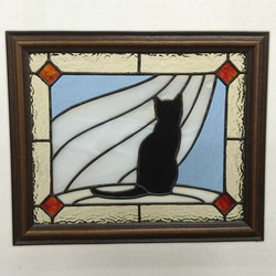 【黒猫とカーテン】ステンドグラス・パネル 3枚目の画像