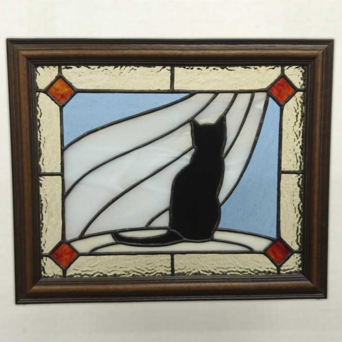 黒猫とカーテン】ステンドグラス・パネル タペストリー・壁掛け