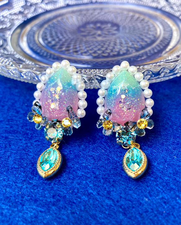 パールとパステルカラーのピアス 宝石♦︎ ピンク 水色 ピアス