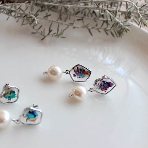 パープル ピンク シルバー 変形 シェル レジン 淡水パール ピアス  