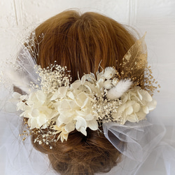 白 ゴールド 髪飾り ヘッドドレス 成人式 結婚式 卒業式 ❁blancシリーズ 1枚目の画像