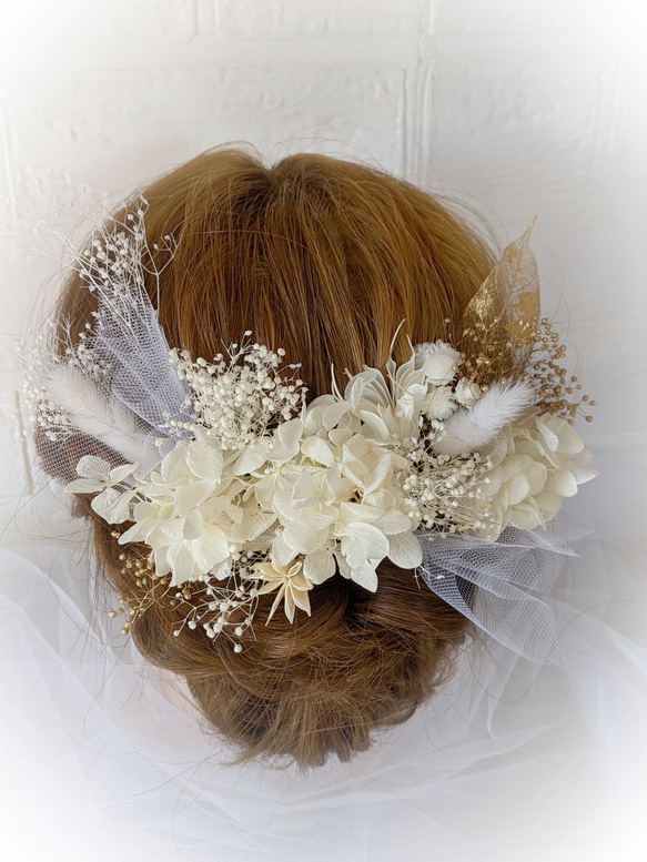 白 ゴールド 髪飾り ヘッドドレス 成人式 結婚式 卒業式 ❁blancシリーズ 2枚目の画像