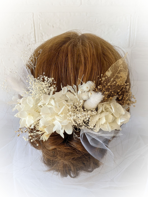 白 ゴールド 髪飾り ヘッドドレス 成人式 結婚式 卒業式 ❁blancシリーズ 3枚目の画像