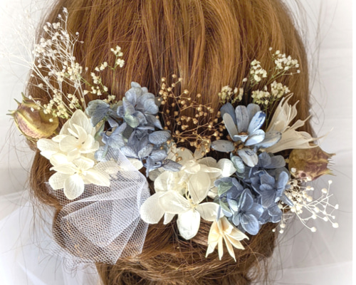 ドライフラワー 青と白の 髪飾りヘッドドレス 成人式 結婚式 卒業式