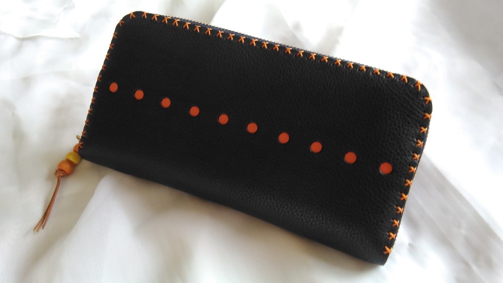 ダブルファスナー・てんてんてんの長財布（ネイビーオレンジ）