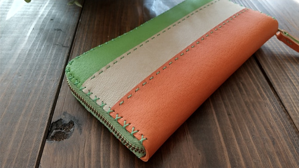 ダブルファスナーの長財布（オレンジクリームライム） 7枚目の画像