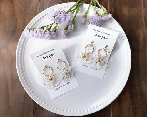 天然石♡レア♡大輪お花模様ホワイトアイアゲートのピアス14kgf 天然石