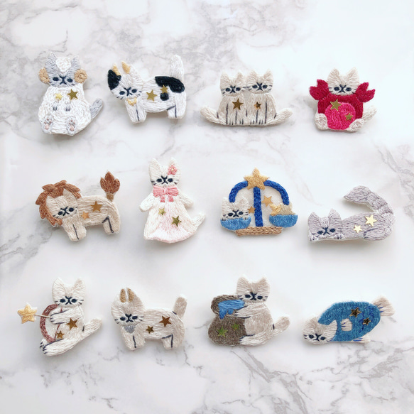 【受注制作】12星座の猫の刺繍ブローチ 1枚目の画像