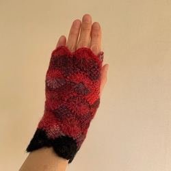 手編みニット手袋　指なし　ハンドウォーマー　アームウォーマー ボルドーMIX５　スカラップBK 2枚目の画像