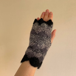 手編みニット手袋　指なし　ハンドウォーマー　アームウォーマー グレーMIX1　スカラップBK 1枚目の画像