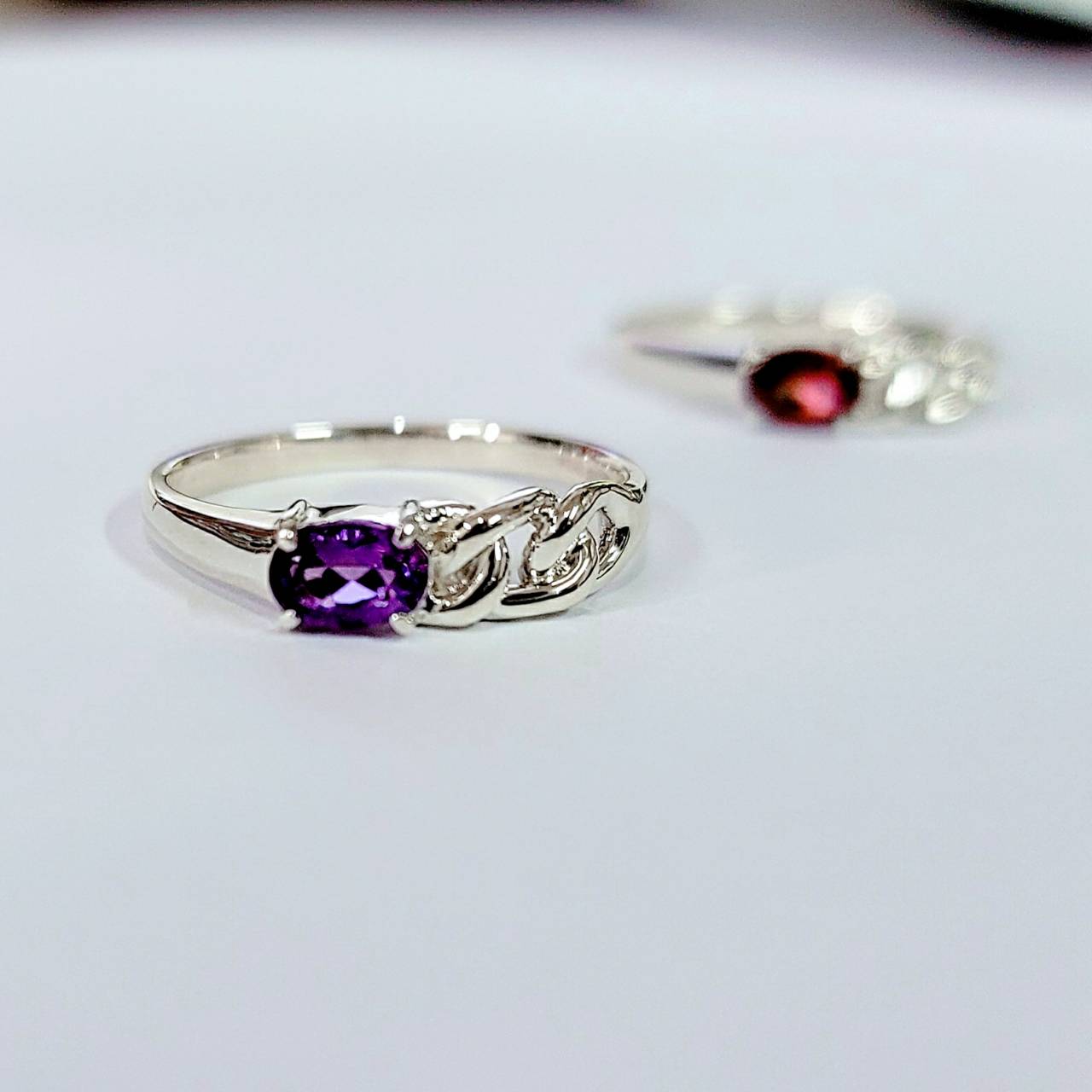 天然石「1月or2月誕生石ガーネットorアメジスト」チェーンアンバランスsilver Ring　C-029