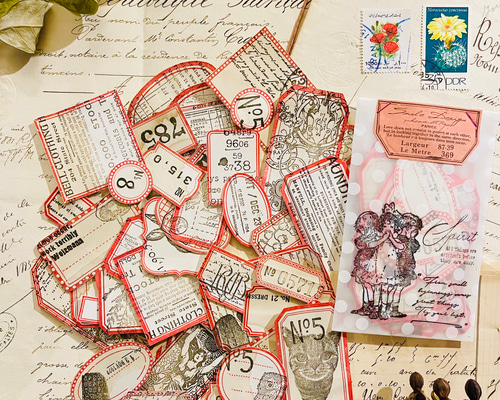 スタンプ◇コラージュ素材◇シールセット{色々スタンプラベル枠(赤