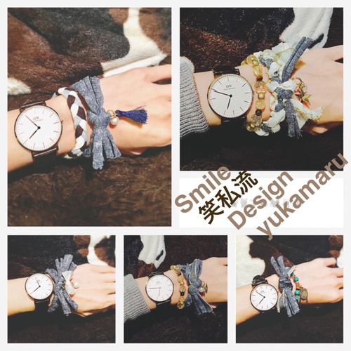 布＆デニムブレスレット☆チャーム付き ブレスレット ＊yukamaru