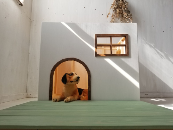 手作りの可愛い犬小屋　ウッドデッキにもなる屋根付き　オーダー可能　ミントグリーン　ドッグハウス　キャットハウス　 5枚目の画像