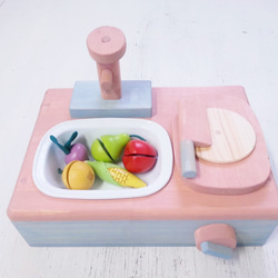 假裝廚房緊湊型桌面廚房，帶 4 種成分木製玩具天然油漆生日禮物木製教育可訂購 第1張的照片