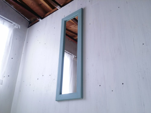 アンティーク風　姿見鏡　ミラー　床置き・壁掛け 鏡 ブルー バターミルクペイント　オシャレ　オーダー可　店舗　什器　玄関 3枚目の画像