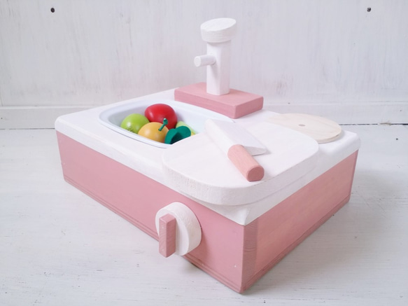 Playing Kitchen，緊湊型桌面廚房，白色 x 粉色，包括 4 種成分，木製玩具，生日，嬰兒禮物，天然油漆 第1張的照片
