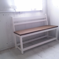 無垢ヒノキで造る家具　アンティーク風　背もたれ付ベンチチェア　オーダー可　カフェ風インテリア　店舗什器　ベンチ　　　　　 4枚目の画像