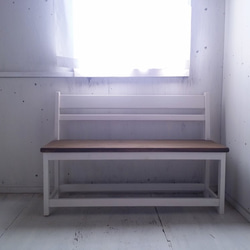 無垢ヒノキで造る家具　アンティーク風　背もたれ付ベンチチェア　オーダー可　カフェ風インテリア　店舗什器　ベンチ　　　　　 5枚目の画像
